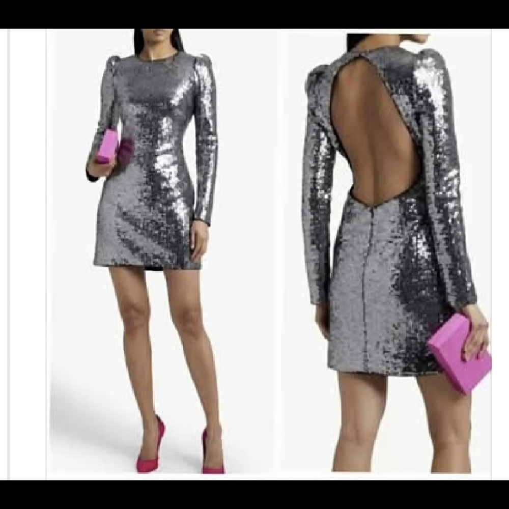 Rachel Zoe Silver Sequin Long-Sleeve Open-Back Mini Dress